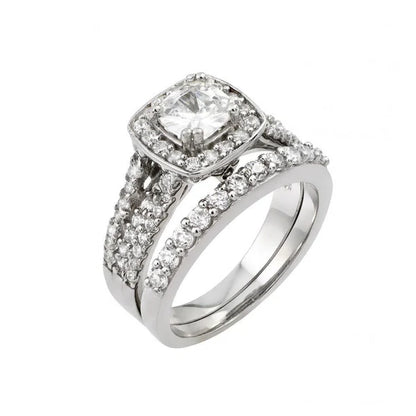 925 Sterling Silver Rhodium Plated Clear Cluster Square CZ Engagement Ring Pair Set