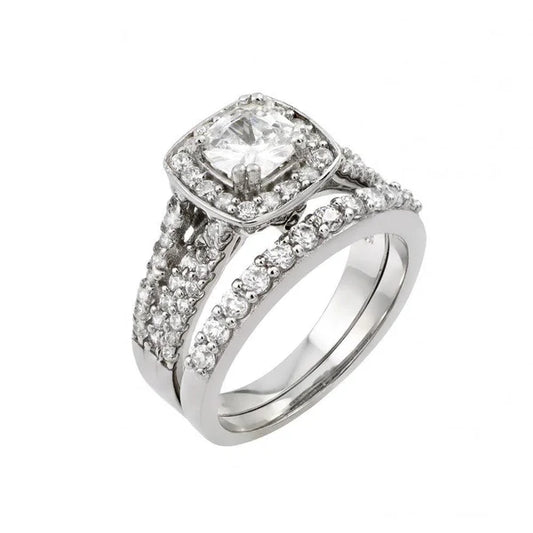925 Sterling Silver Rhodium Plated Clear Cluster Square CZ Engagement Ring Pair Set