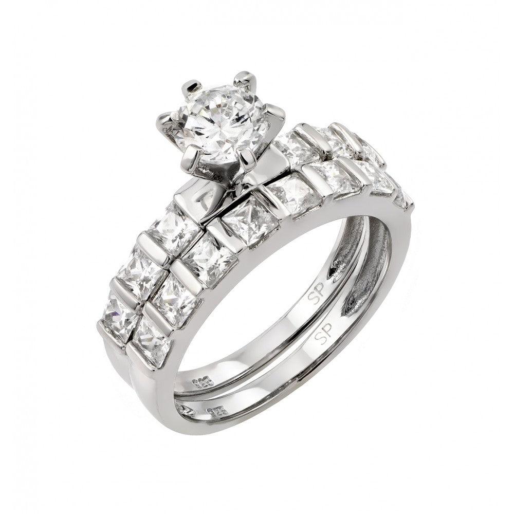 925 Silver Rhodium Plated CZ Engagement Ring Pair Set