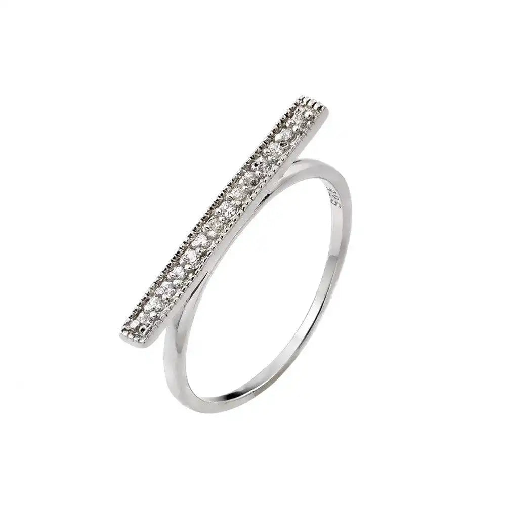 925 Sterling Silver Rhodium Plated Channel Clear CZ Bar Ring