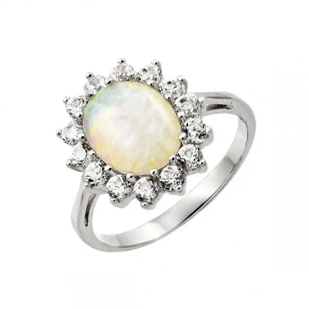 925 Sterling Silver Rhodium Plated White Opal Center Clear CZ Sun Ring