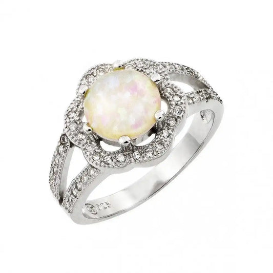 925 Sterling Silver Rhodium Plated White Opal Center Clear Cluster CZ Flower Ring