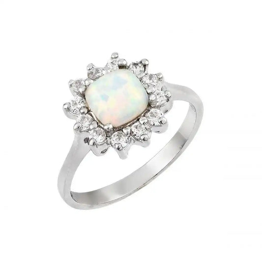 925 Sterling Silver Rhodium Plated Opal Clear Cluster CZ Flower Ring