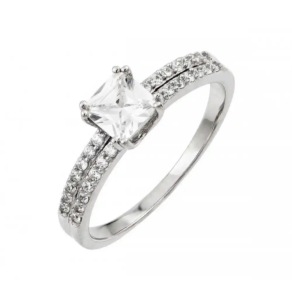 925 Sterling Silver Rhodium Plated Clear Princess Cut CZ Ring