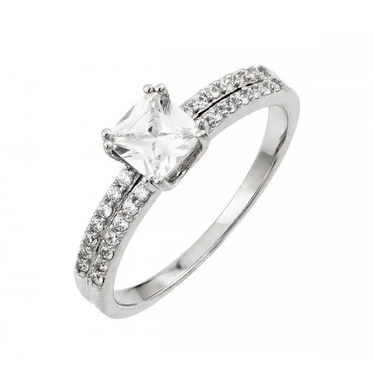 925 Sterling Silver Rhodium Plated Clear Princess Cut CZ Ring