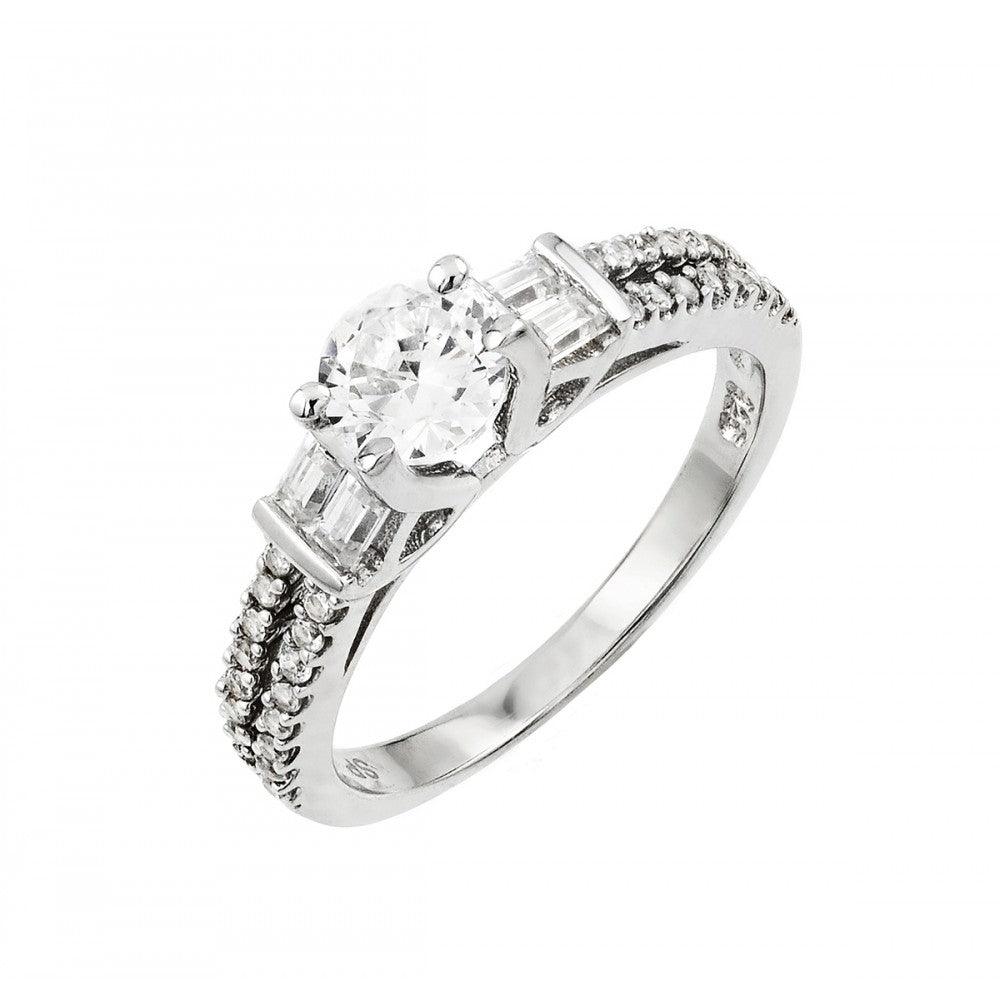 925 Silver Rhodium Plated Clear Round and Baguette CZ Ring