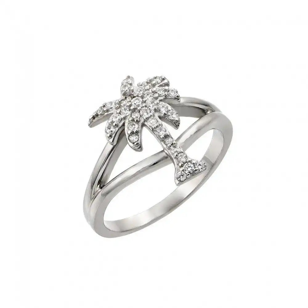 925 Sterling Silver Rhodium Plated Pave Set Clear CZ Palm Tree Ring
