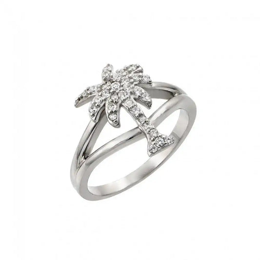 925 Sterling Silver Rhodium Plated Pave Set Clear CZ Palm Tree Ring