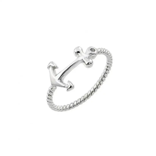 925 Sterling Silver Rhodium Plated Round Clear CZ Anchor Rope Ring