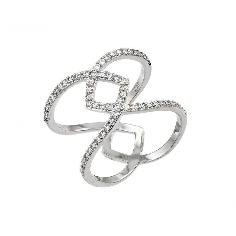 925 Silver Rhodium Plated Entwined Cross Clear CZ Ring