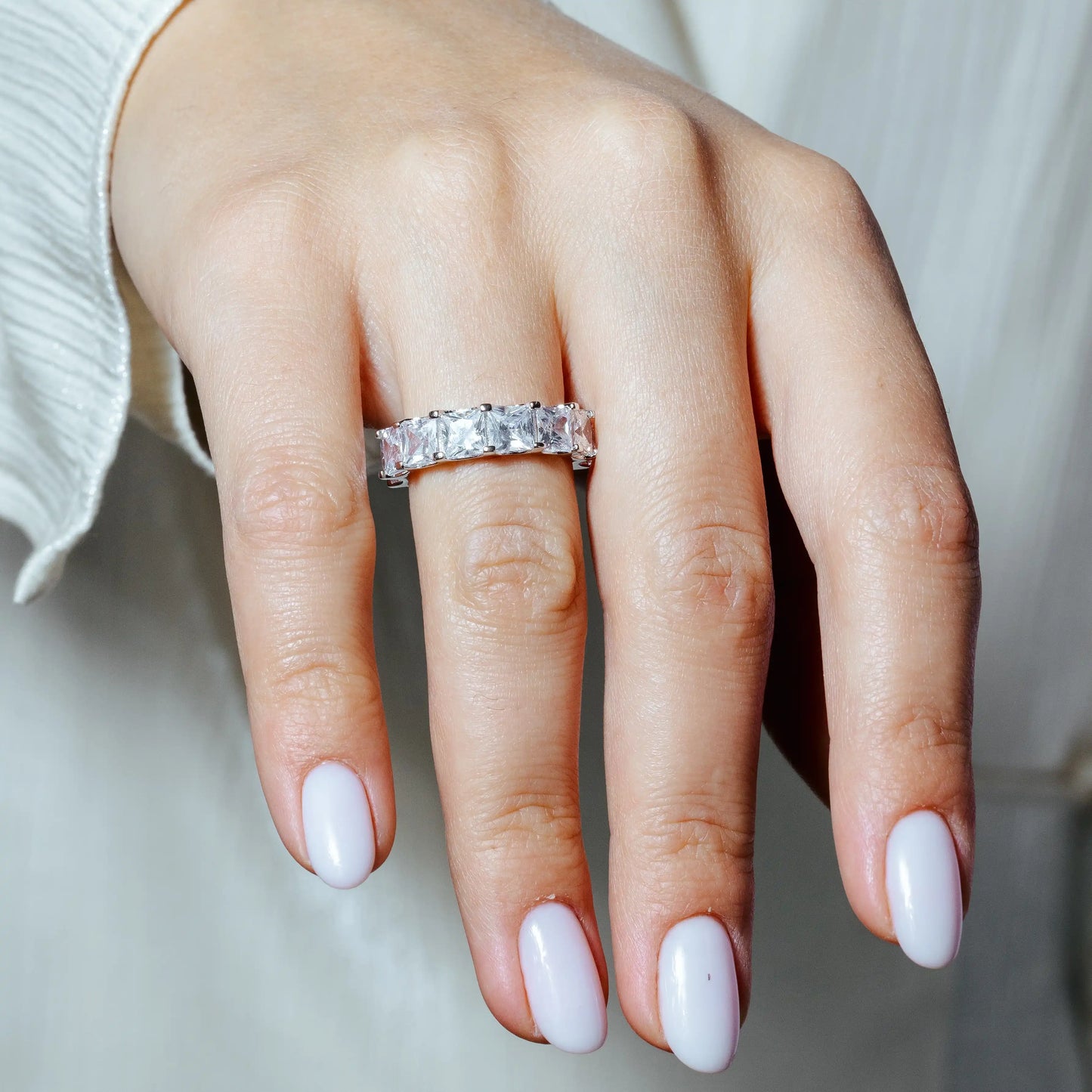 925 Sterling Silver Rhodium Plated Eternity Square Clear CZ Ring