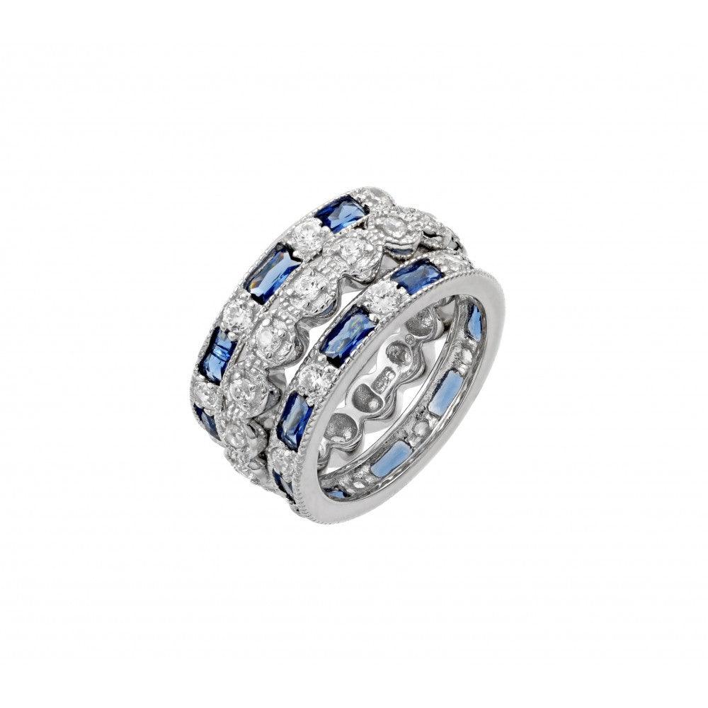 925 Silver Rhodium Plated Blue Baguette and Round Clear CZ Ring