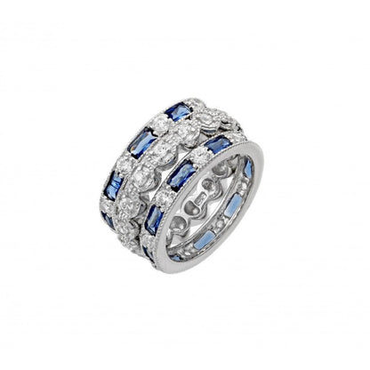 925 Silver Rhodium Plated Blue Baguette and Round Clear CZ Ring