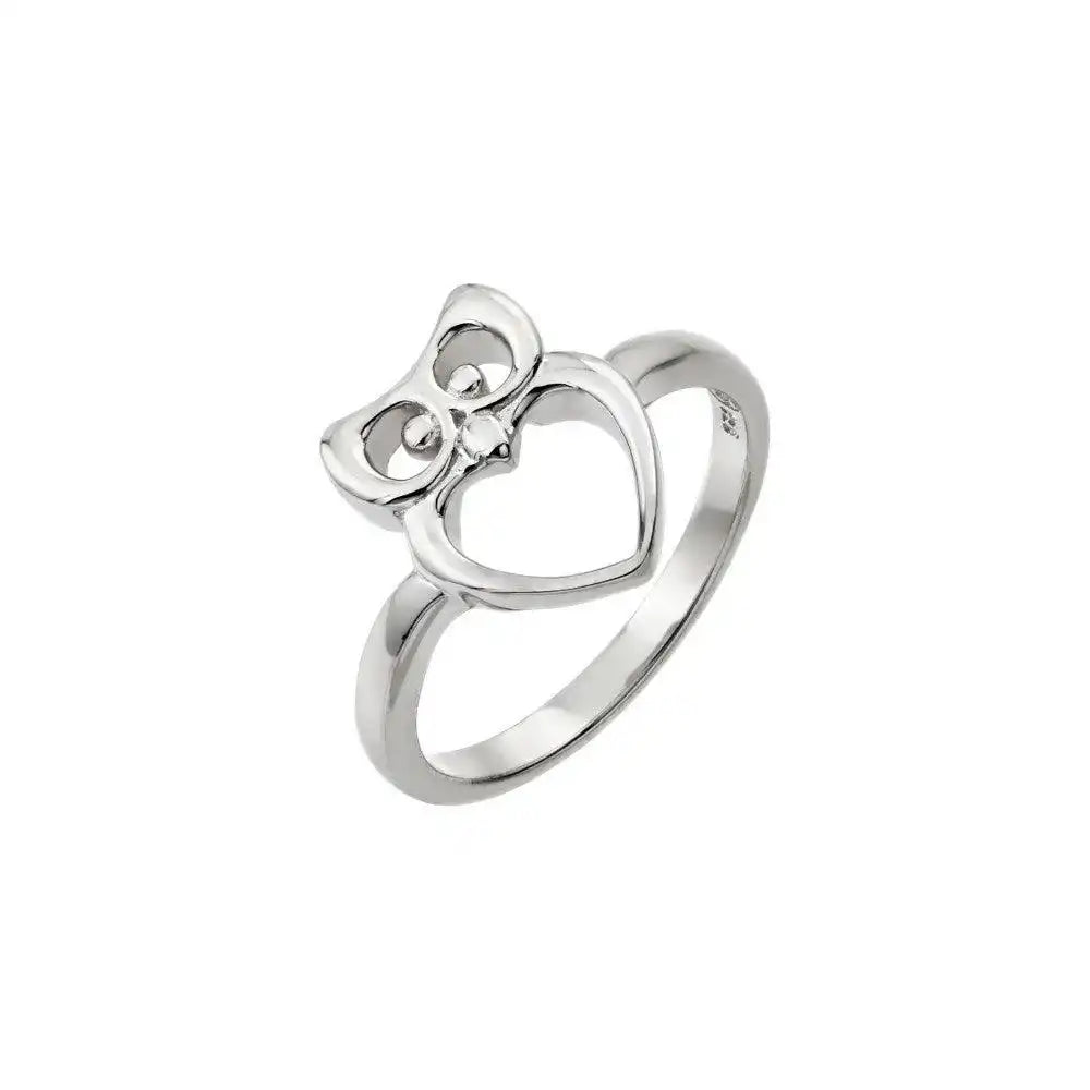 925 Sterling Silver Rhodium Plated Open Heart Owl Ring
