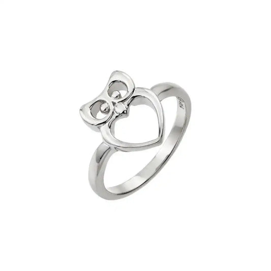 925 Sterling Silver Rhodium Plated Open Heart Owl Ring