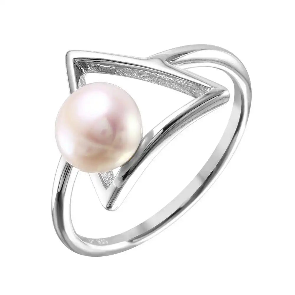 925 Sterling Silver Rhodium Plated Open Triangle Fresh Water Pearl Ring