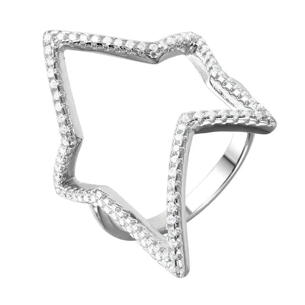 925 Sterling Silver Rhodium Plated Wide Open Star Ring