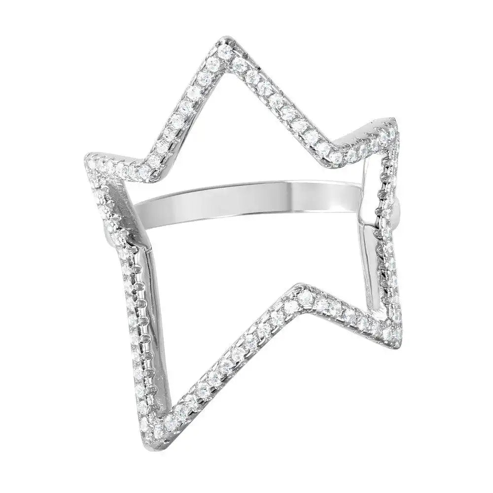 925 Sterling Silver Rhodium Plated Wide Open Star Ring