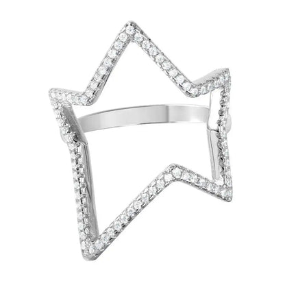 925 Sterling Silver Rhodium Plated Wide Open Star Ring