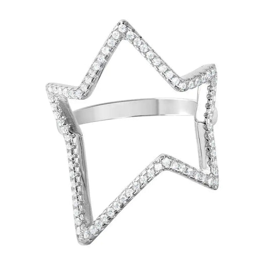 925 Sterling Silver Rhodium Plated Wide Open Star Ring