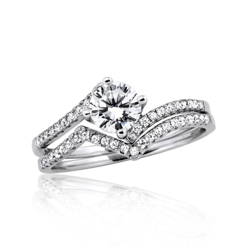 925 Sterling Silver Rhodium Plated 2 Zigzag Engagement CZ Ring with 6mm Center
