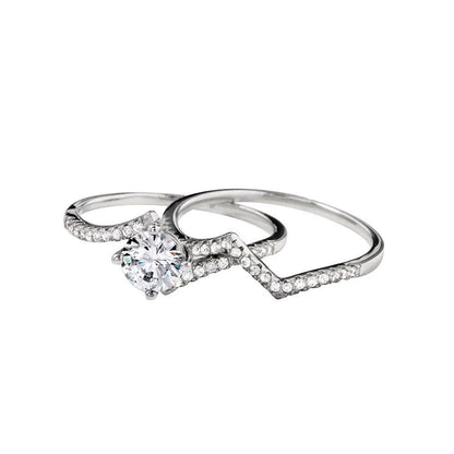 925 Sterling Silver Rhodium Plated 2 Zigzag Engagement CZ Ring with 6mm Center