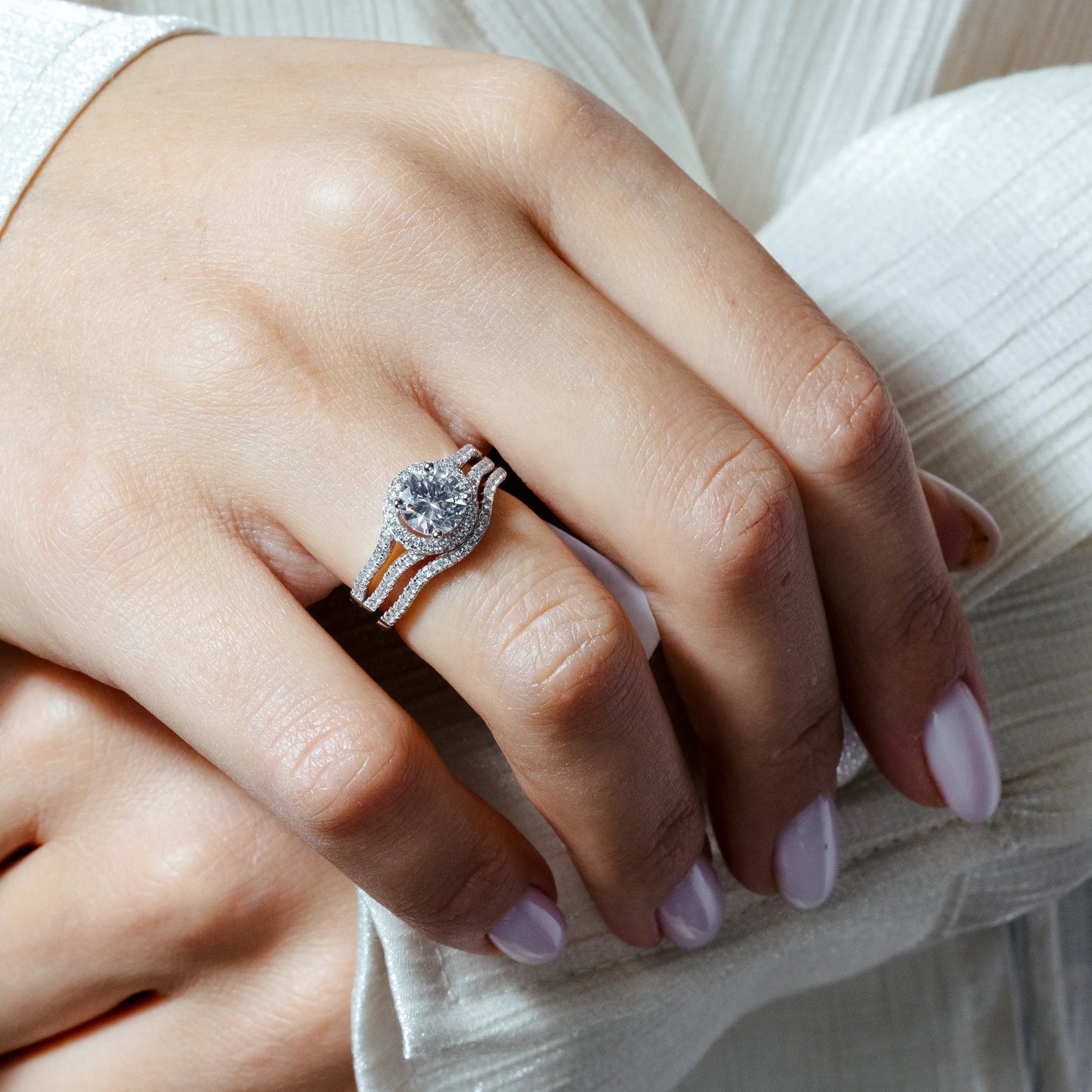 925 Sterling Silver Rhodium Plated Open Shank Halo Wedding Ring
