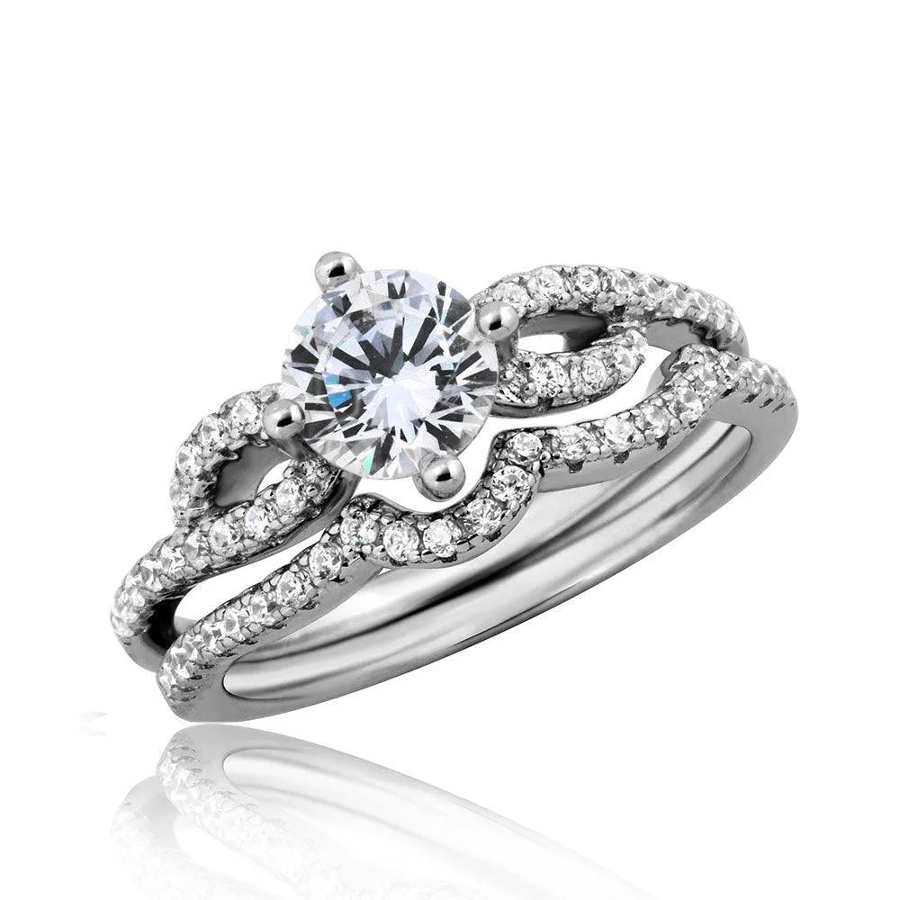 925 Sterling Silver Rhodium Plated Engagement Wave CZ Ring