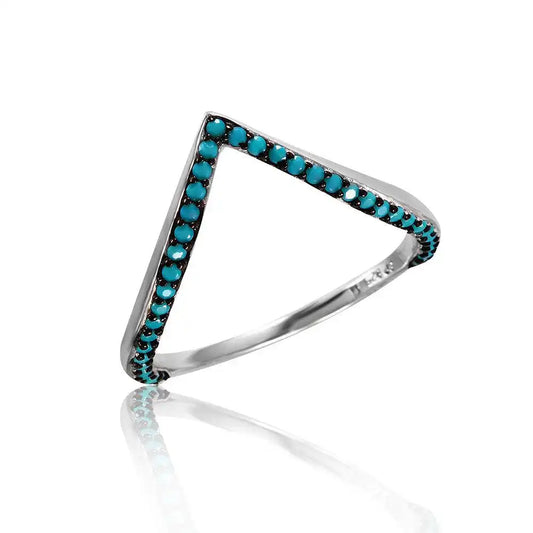 925 Sterling Silver Rhodium Plated V Ring with Synthetic Turquoise Stones