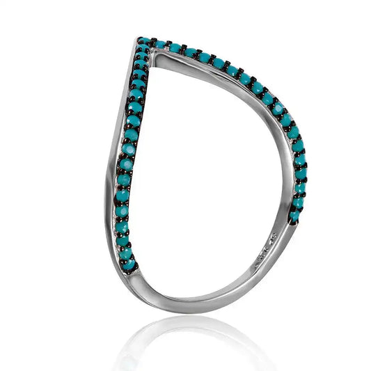 925 Sterling Silver Rhodium Plated V Ring with Synthetic Turquoise Stones