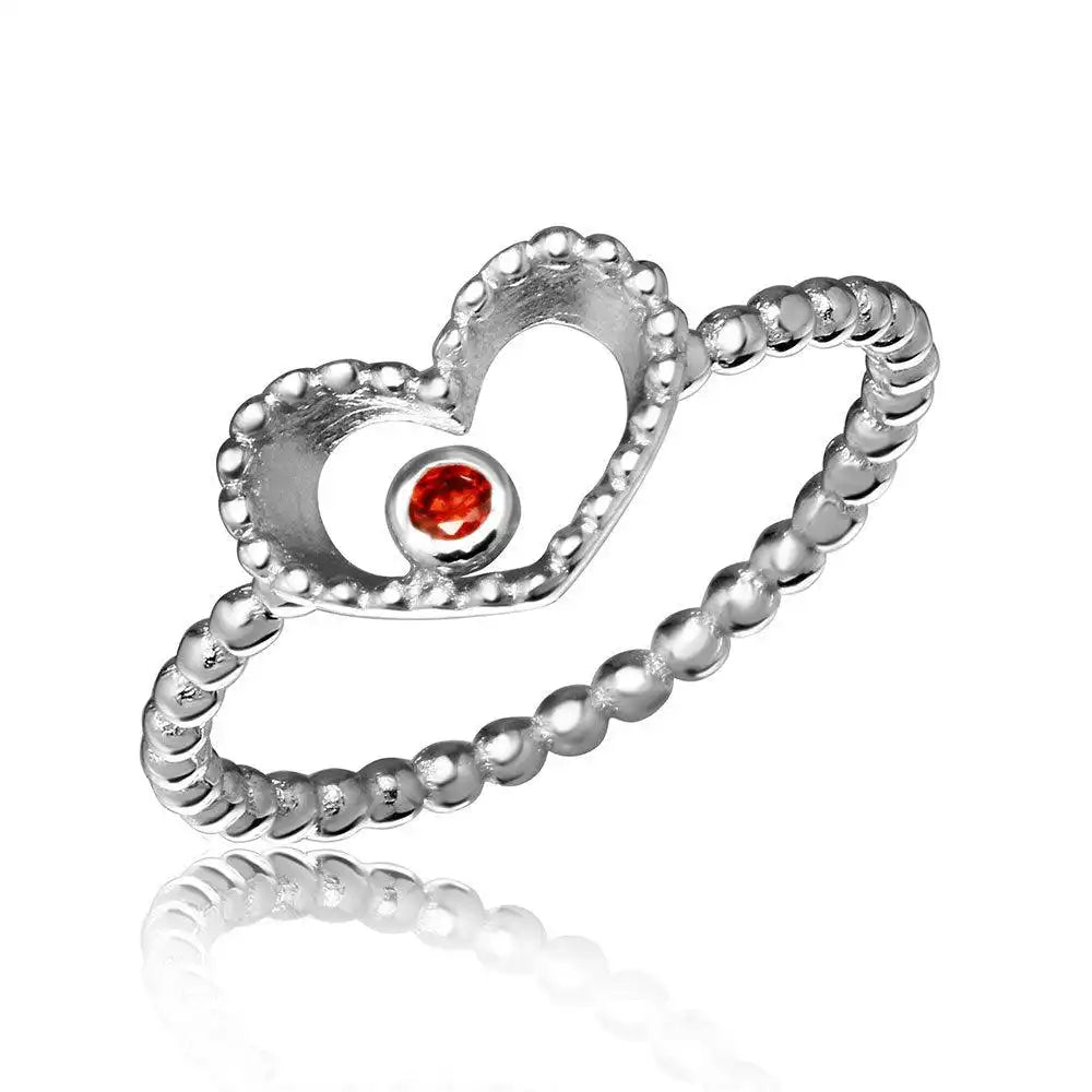 925 Sterling Silver Rhodium Plated Open Heart Ring with Red CZ