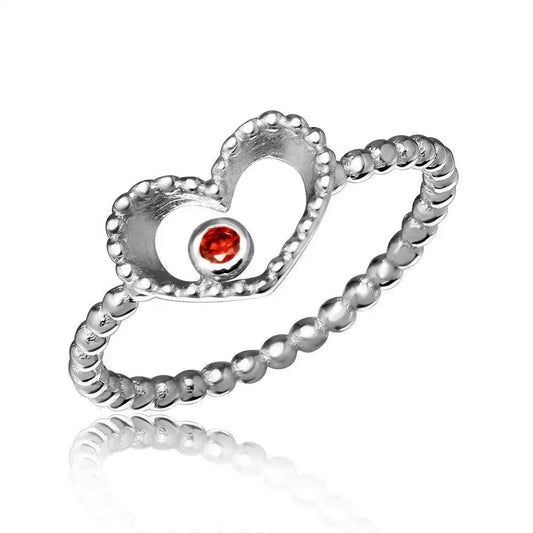 925 Sterling Silver Rhodium Plated Open Heart Ring with Red CZ
