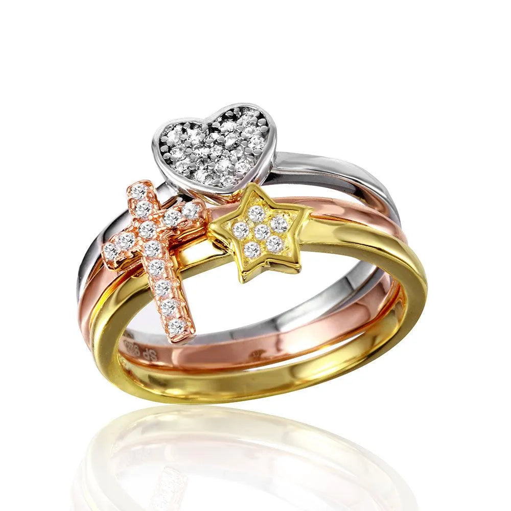 925 Sterling Silver Rhodium 3 Toned Band with Cross Star Heart CZ Design