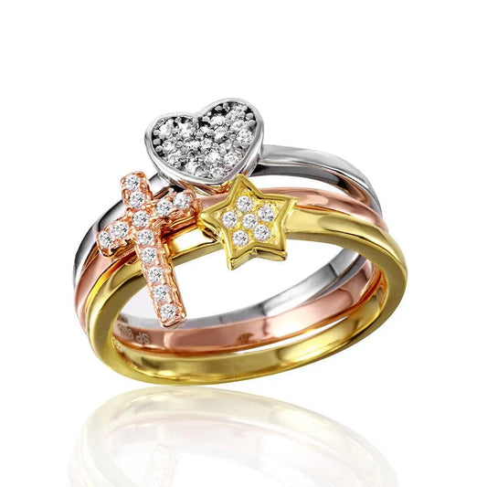 925 Sterling Silver Rhodium 3 Toned Band with Cross Star Heart CZ Design