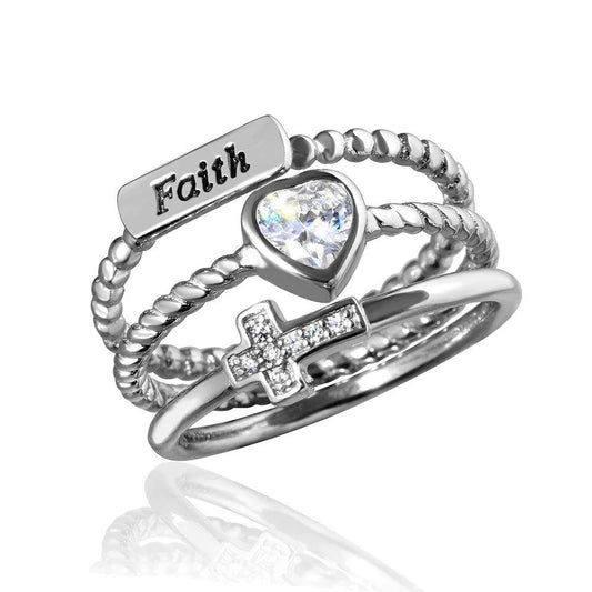 925 Silver Rhodium Plated Triple Band Faith Heart Cross Ring with CZ