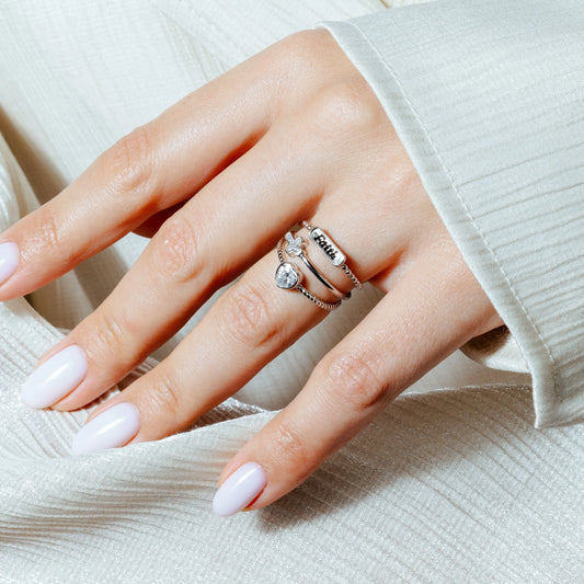 925 Silver Rhodium Plated Triple Band Faith Heart Cross Ring with CZ