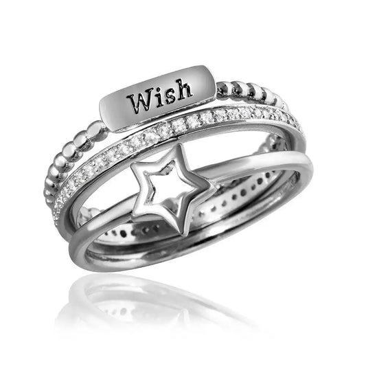 925 Sterling Silver Rhodium Plated Triple Band Wish Star Wedding Ring with CZ