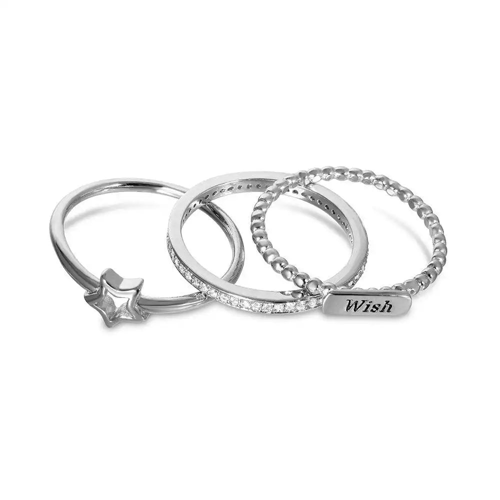 925 Sterling Silver Rhodium Plated Triple Band Wish Star Wedding Ring with CZ