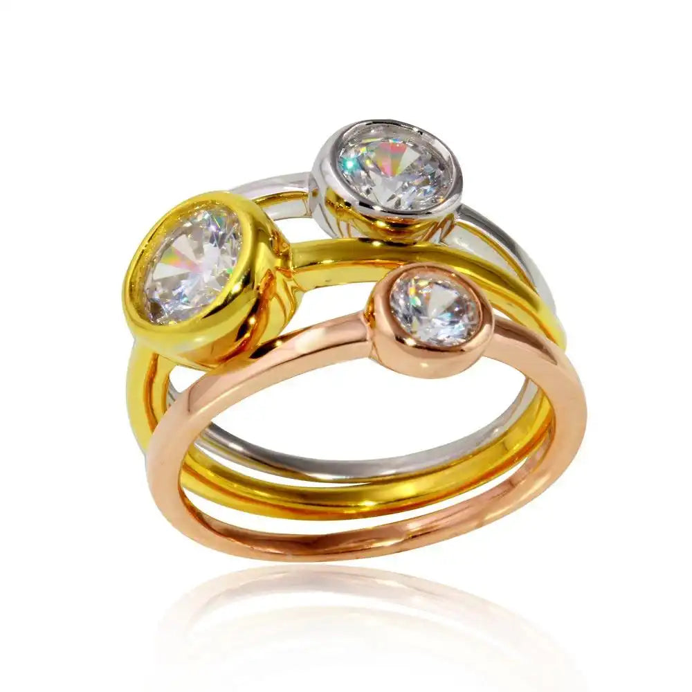 925 Sterling Silver Three-Tone Plated Stackable Trio Round CZ Ring