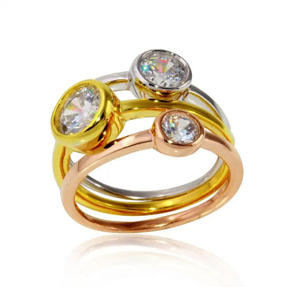 925 Sterling Silver Three-Tone Plated Stackable Trio Round CZ Ring