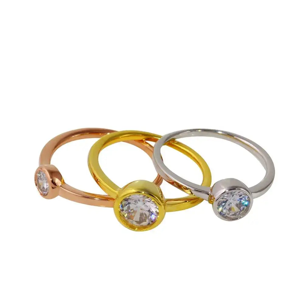 925 Sterling Silver Three-Tone Plated Stackable Trio Round CZ Ring