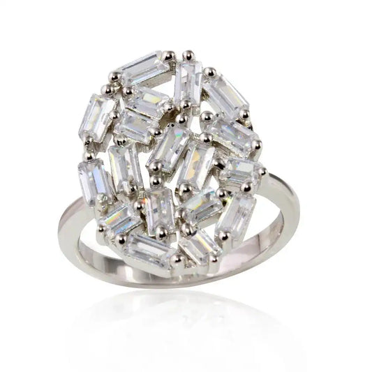 925 Sterling Silver Rhodium Plated Oval Shape Ring with Rectangle CZ