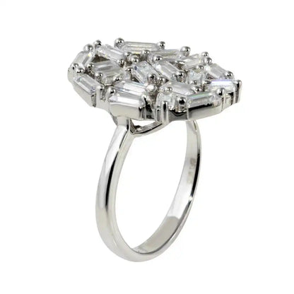 925 Sterling Silver Rhodium Plated Oval Shape Ring with Rectangle CZ
