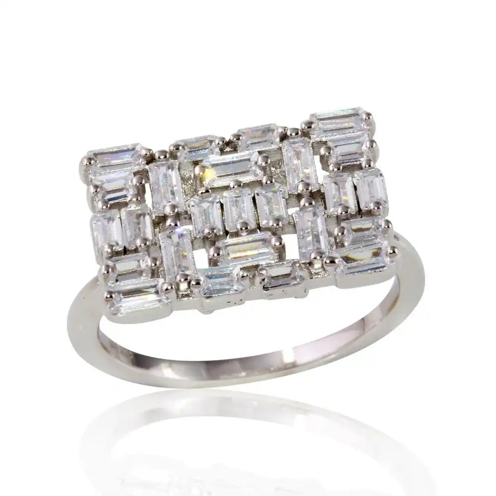 925 Sterling Silver Rhodium Plated Rectangle Shape Ring with Rectangle CZ