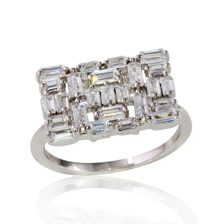 925 Sterling Silver Rhodium Plated Rectangle Shape Ring with Rectangle CZ