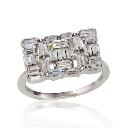 925 Sterling Silver Rhodium Plated Rectangle Shape Ring with Rectangle CZ