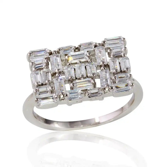 925 Sterling Silver Rhodium Plated Rectangle Shape Ring with Rectangle CZ