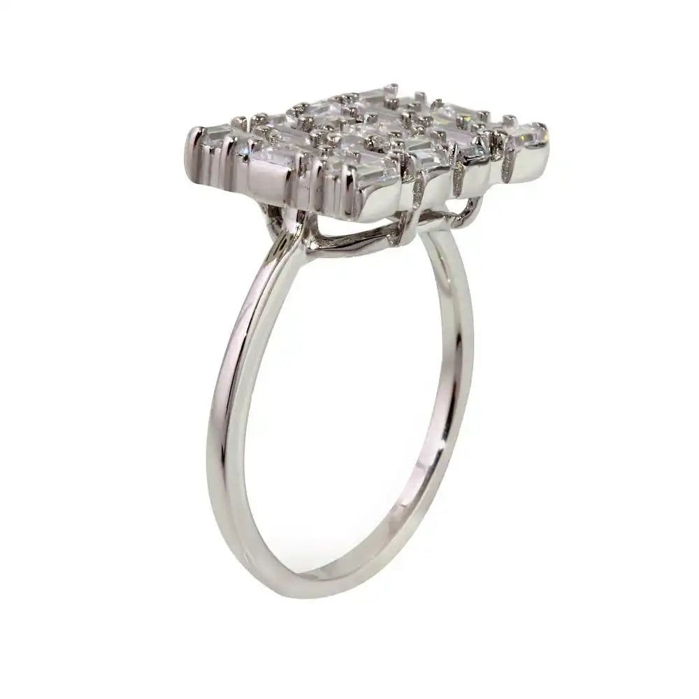 925 Sterling Silver Rhodium Plated Rectangle Shape Ring with Rectangle CZ