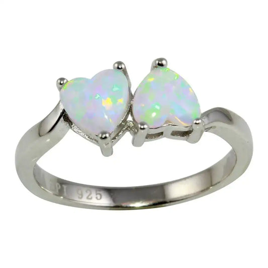 925 Sterling Silver Rhodium Plated Two Heart Ring with AB Crystal CZ