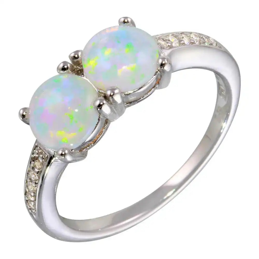 925 Sterling Silver Rhodium Plated Twin Opal Ring with CZ